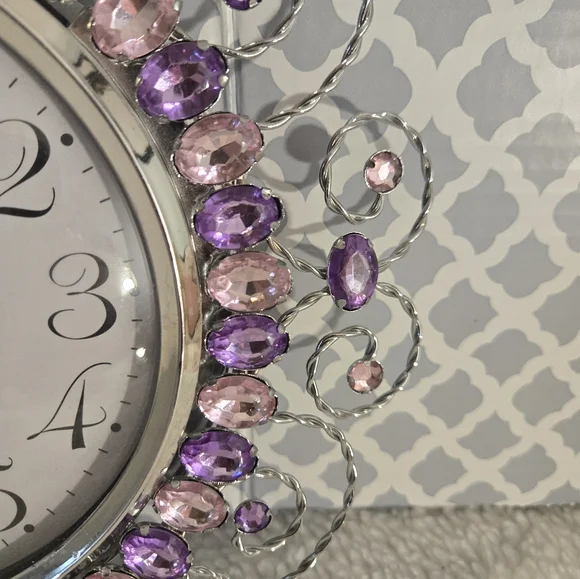 Beautiful Royal Princess Silver Purple & Pink Gems Clock - Picture 3 of 6